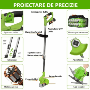 Motocoasa Electrica Cu Roti Detasabile Si 2 Acumulatori De 48V, Autonomie 4 h, 4000 mAh, 18000 RPM, Verde - imagine 9