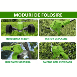 Motocoasa Electrica Cu Roti Detasabile Si 2 Acumulatori De 48V, Autonomie 4 h, 4000 mAh, 18000 RPM, Verde - imagine 7