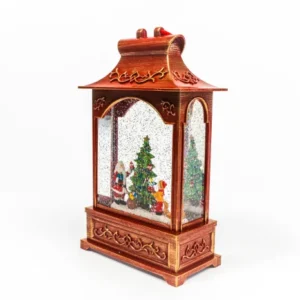 Decoratiune Craciun, Tip Felinar Rosu, Figurine Mos Craciun cu Baietel, 3 Moduri, Functie Muzicala, Zapada in Miscare, Functioneaza Cu Baterii sau Cablu USB, Model Vintage Rosu, 14.5 x 8 x 23 cm, Alb Cald - imagine 4