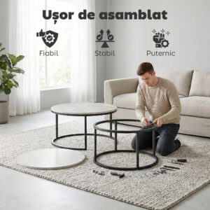 Set 2 masute rotunde de cafea cu efect de marmura, blat MDF, cadru metalic negru, 70x45 cm si 50x38 cm - imagine 3