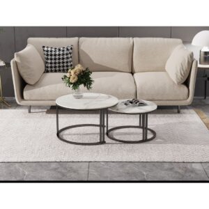 Set 2 masute rotunde de cafea cu efect de marmura, blat MDF, cadru metalic negru, 70x45 cm si 50x38 cm