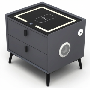 Noptiera Inteligenta Multifunctionala 50x40x45 cm | 2 Sertare | LED Tactil 3 Culori | Incarcare Wireless | Difuzor Bluetooth | Gri Inchis