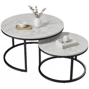 Set 2 masute rotunde de cafea cu efect de marmura, blat MDF, cadru metalic negru, 70x45 cm si 50x38 cm - imagine 5