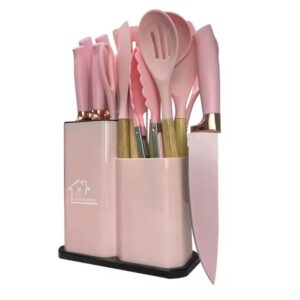 Set 19 ustensile de gatit din silicon cu maner rezistent din bambus, suport si tocator - imagine 4