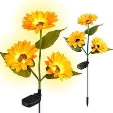 Set 2x Lămpi Solare LED pentru Grădină cu 3 Flori tip Floarea Soarelui, 10 Micro-LED-uri pe Floare, Înălțime 70 cm, Rezistente la Intemperii, IP65